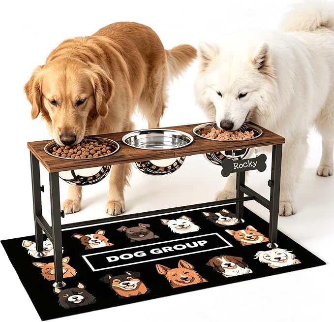 ADENGL Triple Elevated Dog Bowls Stand for Multiple Dogs, 3 Height Adjustable Raised Dog Bowl Stand with 3 Stainless Steel 1700ml(58oz) Bowls & Wood Tray & Mat