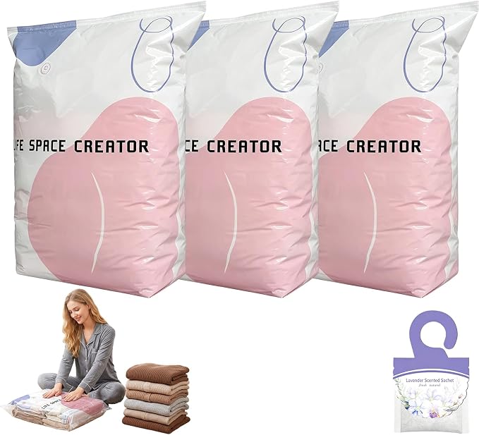 Large Capacity Vacuum Bags No Pump Needed, No Pump Large Vacuum Storage Compression Bags, Reusable No-Pump 3D Vacuum Storage Bags for Jumbo Clothes Bedding, Comforters, Off‑Season Gear (L-3PC)