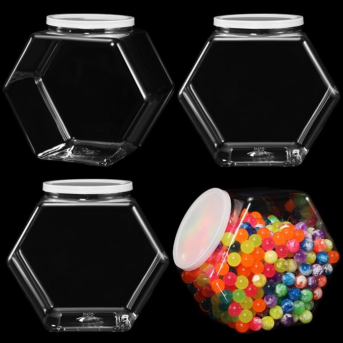 EBOOT 4 Pieces 1 Gallon/ 129 oz Plastic Candy Cookie Jars Large Hexagon Cookie Jar Bulk with Lid Clear Candy Containers for Kitchen Counter Laundry Pod Storage Container Dry Food Dog Treats Craft