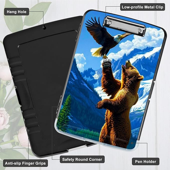 Bear and Eagle A4 Clipboard with Storage Pen Holder, Clipboards Organizer Nursing Clipboard Foldable File Folder Plastic Clipboard Folio Clip Board for Office Students Classroom Doctor