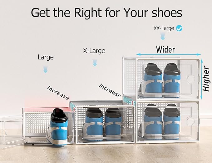 Kuject XX-Large Shoe Storage Boxes 12 Pack, Clear Stackable Shoe Organizer | Shoe Case for Closet, Entryway & Under-Bed Storage, Drop-Front Design, Space-Saving Solution for Family Organization,White