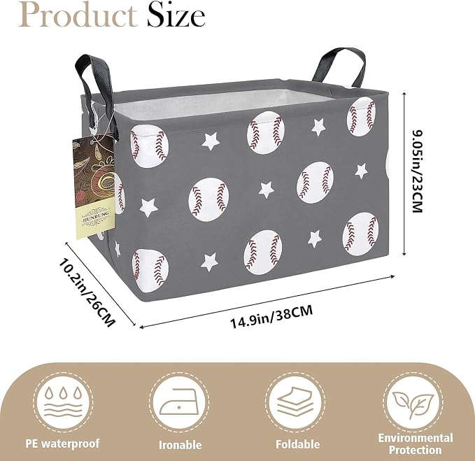 Rectangle Foldable Storage Basket Handles For Home, Grey Baseball | Waterproof canvas material, reinforced handles, perfect for shelf use, organizes clothes, daily items and pet supplies