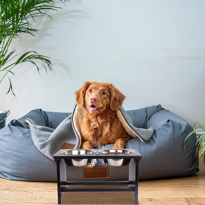 HTB Elevated Dog Bowl Stand with 2 Stainless Steel Bowls-10 H Large Black | Raised Dog Bowl Stand, 10"tall, 48 Oz Bowls, for Large Sized Dogs, Pet-safe, Solid Bamboo