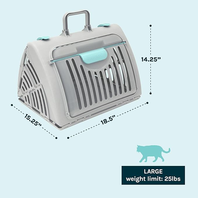SportPet Large Hard-Sided Travel Cat Carrier - Cat Carrier with Patented Wide Side-Opening Door, Foldable Portable Pet Carrier with Removable Bed for Cats & Small Pets up to 25lbs - Gray