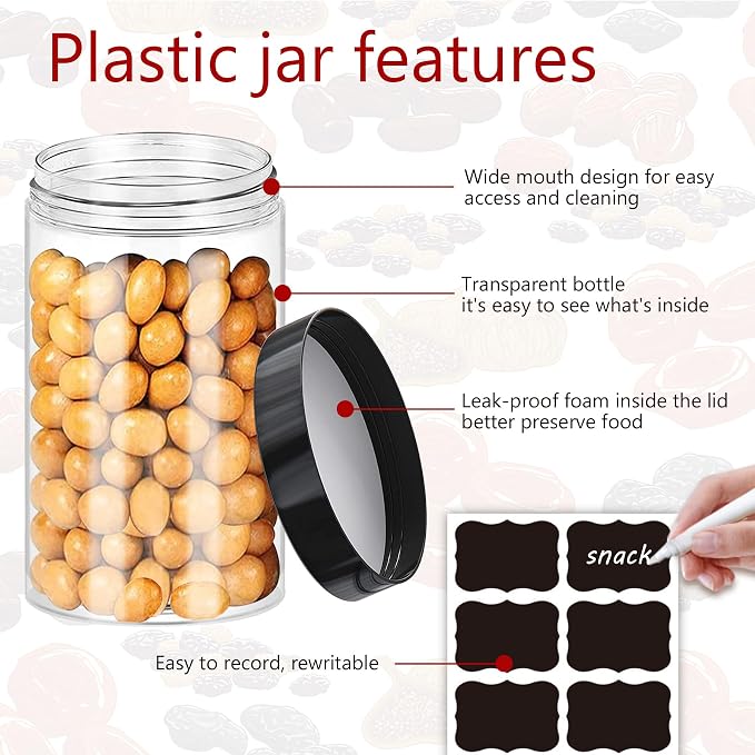 Hajoyful Plastic Jars with Lids 20Pcs 14 oz Clear Plastic Slime Storage Jars Containers with Airtight Leak Proof Black Plastic Screw On Lids Cylinder Clear Round Jar Food Grade Durable PET Jar