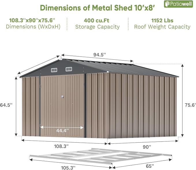 Patiowell 10x8 FT Outdoor Storage Shed with Floor Frame, Brown | Large Garden Tool Metal Shed, Sloping Roof, Double Lockable Door, Outdoor Shed For Backyard Garden Patio Lawn