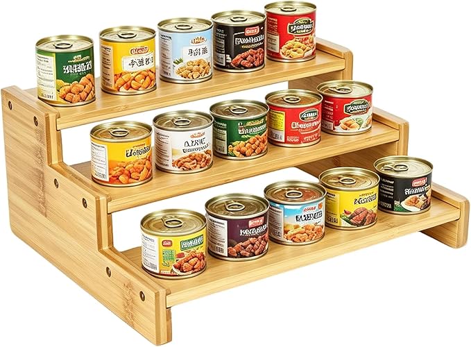 Natural Bamboo Can Organizer for Pantry, 3-Tier Countertop Storage Rack for Canned Food, Soda, Soup and Pet Food, Tiered Cabinet Shelf Display