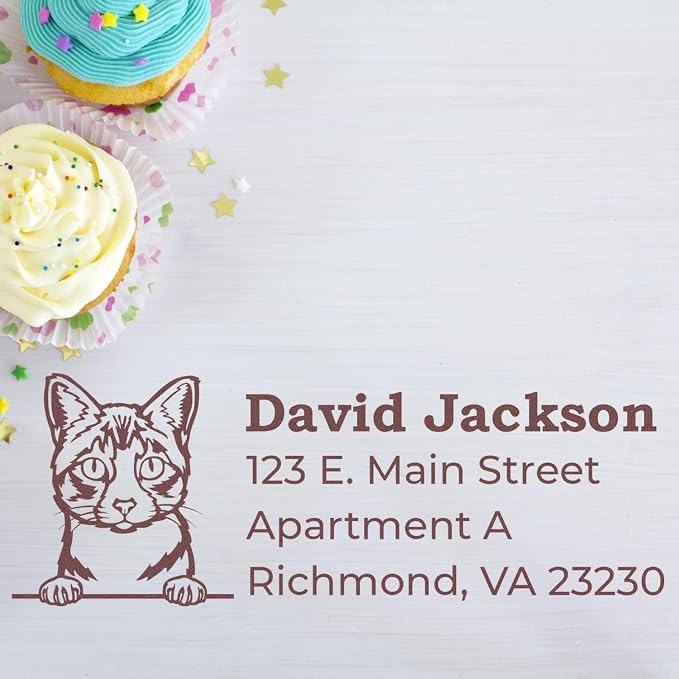 Peeking Ojos Azules Cat Wood Handle Address Stamp - 4 Line Custom Imprint | Up to 50 characters per line. Ojos Azules Cat Stationery Stamp. Custom Address Stamp for Housewarming Gifts. Laser-cut.