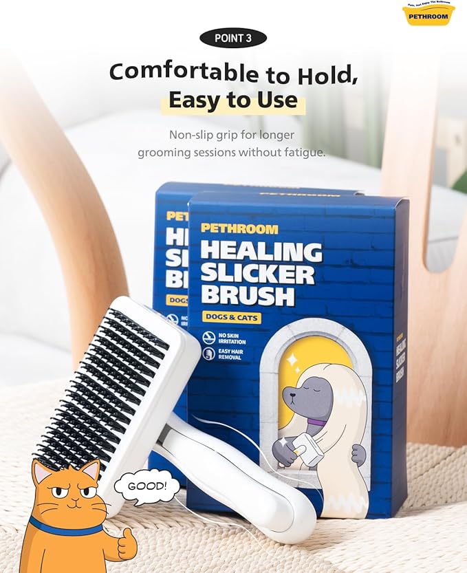 PETHROOM Self-Cleaning Slicker Brush for Dogs & Cats – Gentle Grooming & Deshedding Tool, Removes Mats & Tangles, Skin-Friendly Coated Tips, One-Touch Hair Removal Button