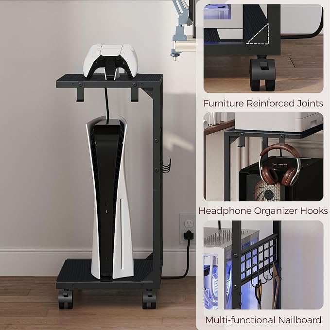 PC Stand, Computer Tower Stand with Charging Station, 16.9" W x 11.4" D x 27.6" H, Computer Cart with Wheels and Hooks, CPU Holder for Carpet, Floor and Under Desk, Easy Assembly, Black