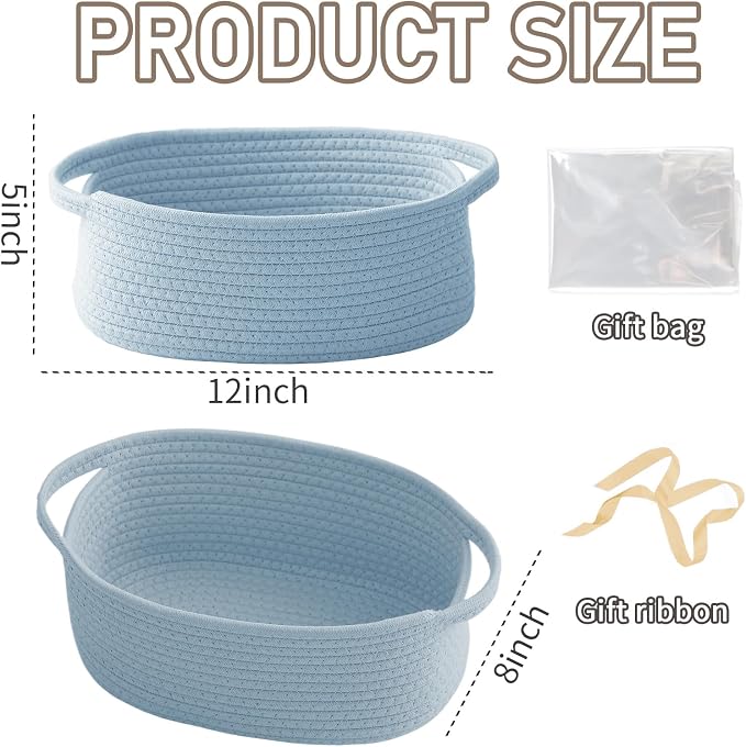 JMvicyroam Small Woven Basket, Empty Gift Basket, Blue/3 Pack | Small Gift Basket, Cotton Rope, 12 x 8 x 32 in, Handles, Includes Ribbon and Bag, Birthday Gift Basket