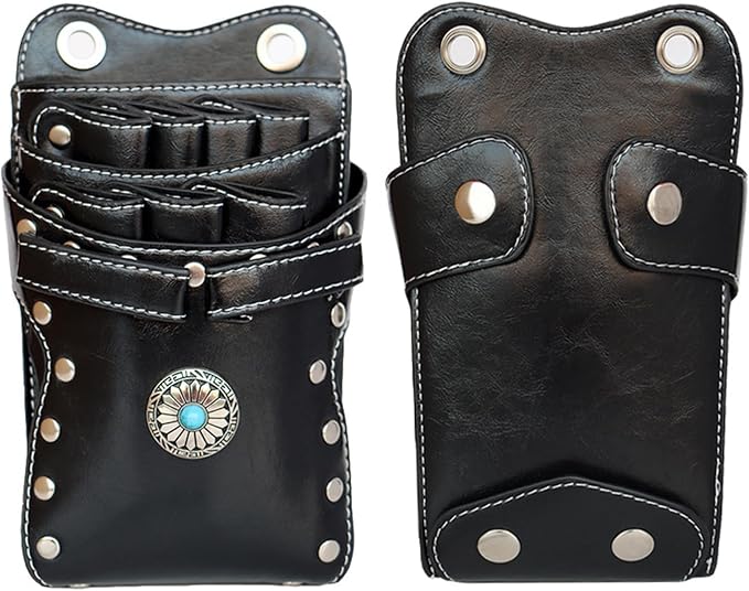 Hairstylist Waist Bag, 7-Slot PU Leather Barber Scissors Tool Bag Shear Holder, Detachable Hair Cutting Organizer for Combs, Clippers, and Spray Bottles (Black)