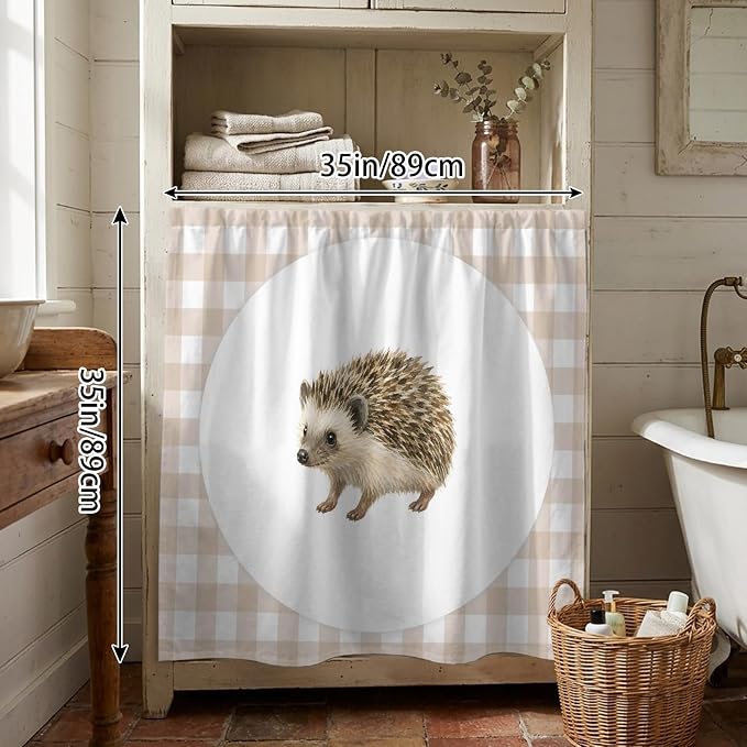 Hedgehog Cabinet Dishwasher Hidden Curtains, Privacy Closet Door Curtain, Modern Farmhouse Linen Checked Animal Adhesive Dust Proof Under Sink Skirt for Bathroom Kitchen 35"x35"