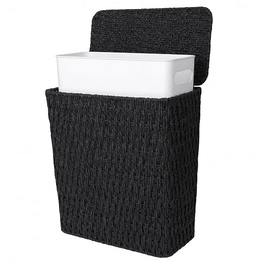 Wicker Trash Can,3 Gallon Bathroom Trash Can with Lid,Handwoven Paper Rope Rattan Waste Basket with Removable Liner and Built-in Handles for Bedroom,Toilet,Narrow Spaces,Black