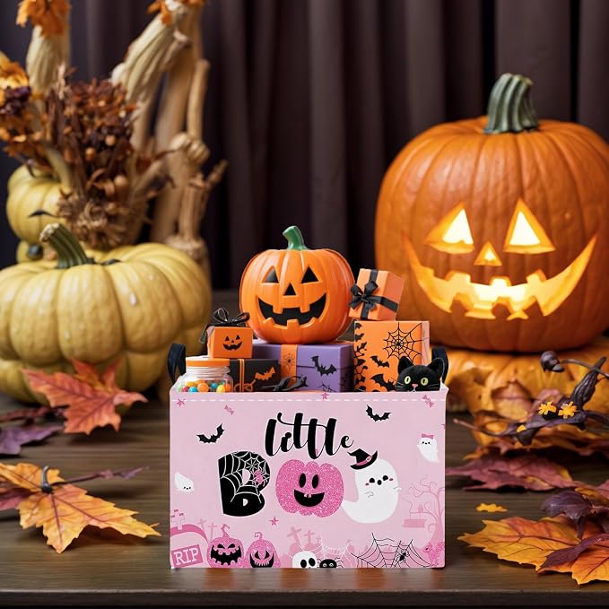 Halloween Basket Gift Cute Pumpkin Ghost Parties Decor Kid Trick or Treat Basket for Boys and Girls Rectangular Storage Bin Box (Pink)
