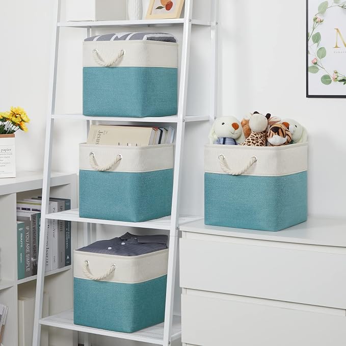Temary Cubes Storage Baskets 11 Inch Cube Storage Bins 4 Pack Fabric Baskets for Gift Empty Teal Storage Bins for Shelves, Collapsible Fabric Storage Cubes Basket for Storage (White&Teal)