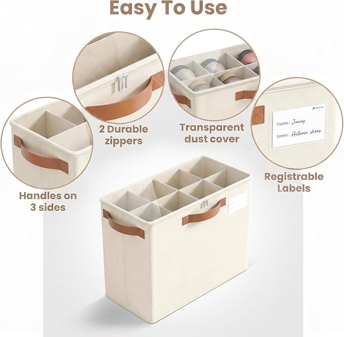 Varhomax Shoe Organizer Box for Closet, Small Fabric Storage Basket Beige | Foldable Shoe Bin with Adjustable Dividers & Clear Cover, Saving Space Sneakers & Sandals Containersfor Entryway, Cubby