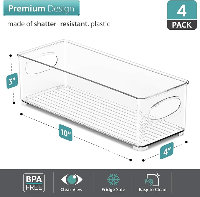 Sorbus Fridge Organizers and Storage, Clear Stackable Bins (Small, 4 Pack) | Built-in grips support easy access and transport; plastic containers organize food in freezers, drawers and countertops.