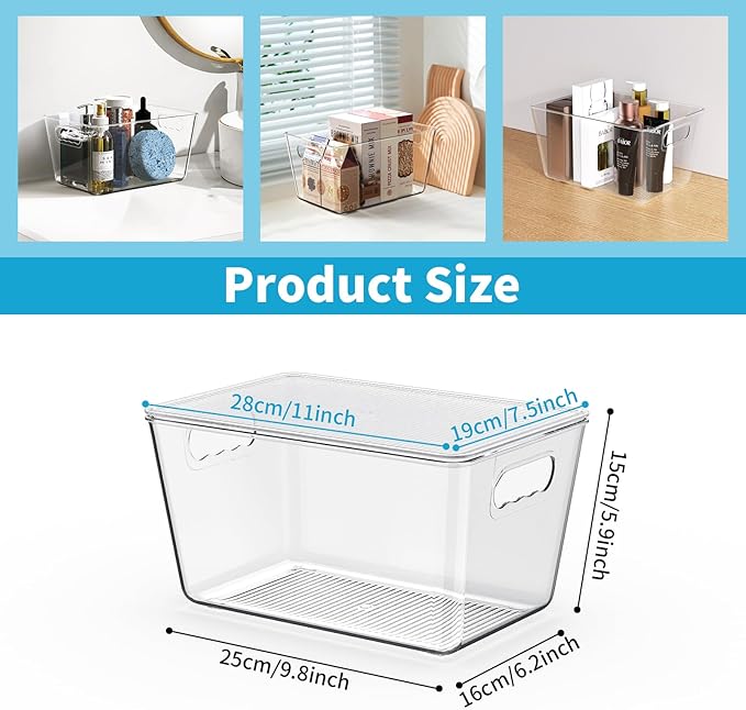 Clear Fridge Organizer with Handles & Lids, 6 Pack Large 11.5×7.5×6 Inch | Stackable Clear storage bins with handles, food organizer basket for kitchen, fridge, freezer