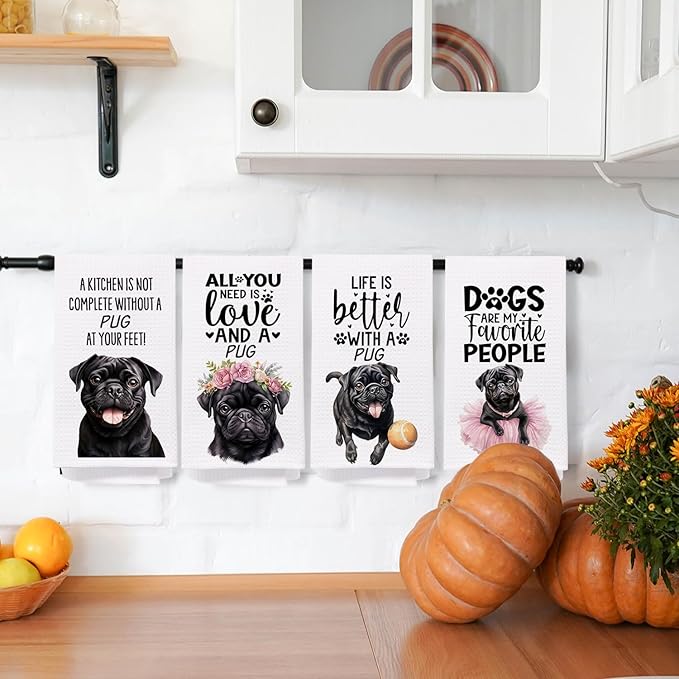 SPBL&L Black Pug Gifts for Women,Black Pug Dog Decor Kitchen Towels Set of 4, Decorative Hand Tea Dish Towels for Bathroom, 16x24 Inches