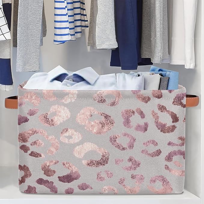 SEULIFE Rose Gold Leopard Print Pink Foldable Storage Basket, Large Collapsible Organizer Storage Bin Cube Toys Storage Boxes with Handles for Bathroom Kids Nursery Closet Storage, 2 Pack