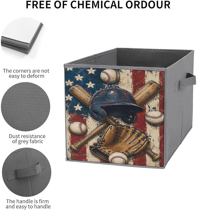 Baseball Gear American Flag Design Storage Bin with Handles, Oxford Fabric Foldable Storage Cube Organizer for Clothes, Towels, Bedroom, Living Room, Home Organization