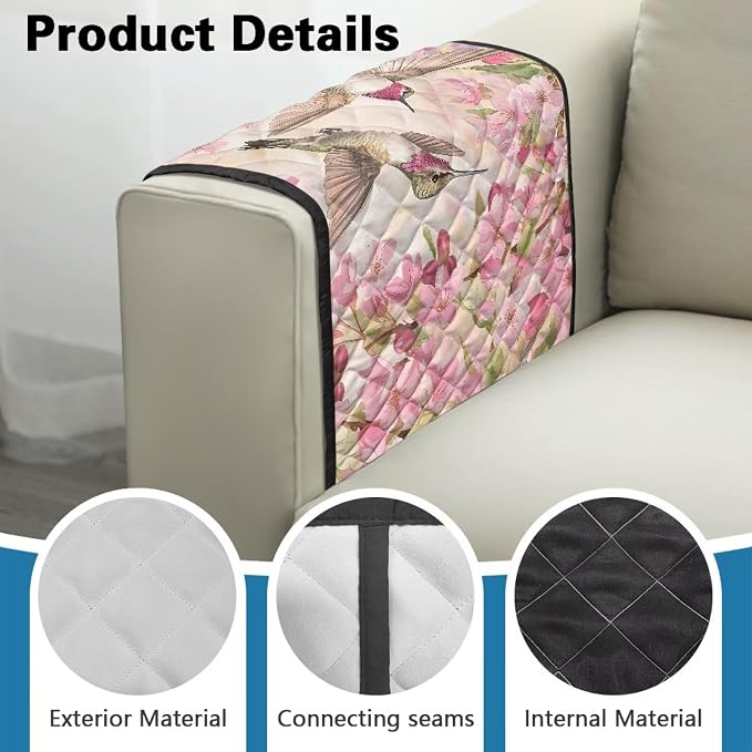 Hummingbird Cherry Blossom Chair Arm Protectors with 2 Pockets Stretch Couch Armrest Cover,Arm Rest Covers for Sofa,Dustproof Soft Armchair Covers for Arms Wasahble Sofa Arm Slipcover