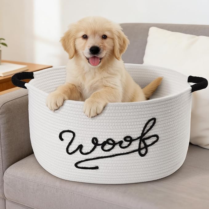 Woof Dog Toy Basket, Large Dog Toy Storage Bin with Durable Handles, Woven Dog Basket for Blankets, Toys, Chews, Pet Toy Storage Box for Nursery, Living Room, Bedroom, 17”x12”x9, White