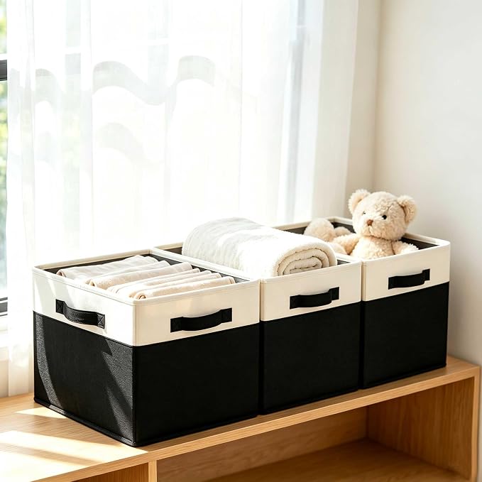 GhvyenntteS Large Storage Baskets for Shelves 3 Pack, Collapsible Fabric Storage Bins with 3 Handles, Decorative Closet Organizers and Storage bins for Clothes Blanket Beddings (Black, 15"x11"x9.6")