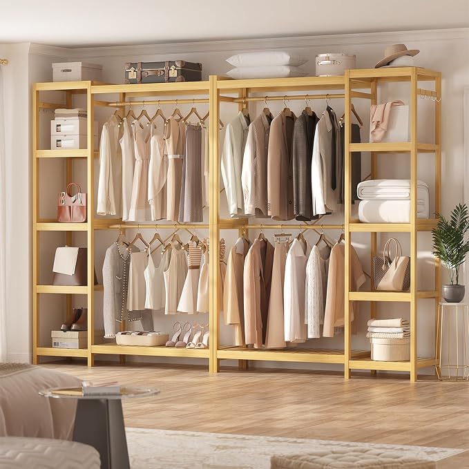 Bamboo Closet System, Heavy Duty Clothing Rack for Hanging Clothes, Freestanding Clothes Rack with 7 Adjustable Shelves & 2 Rods, 4 Hooks, Open Wardrobe Closet Organizer Garment Rack