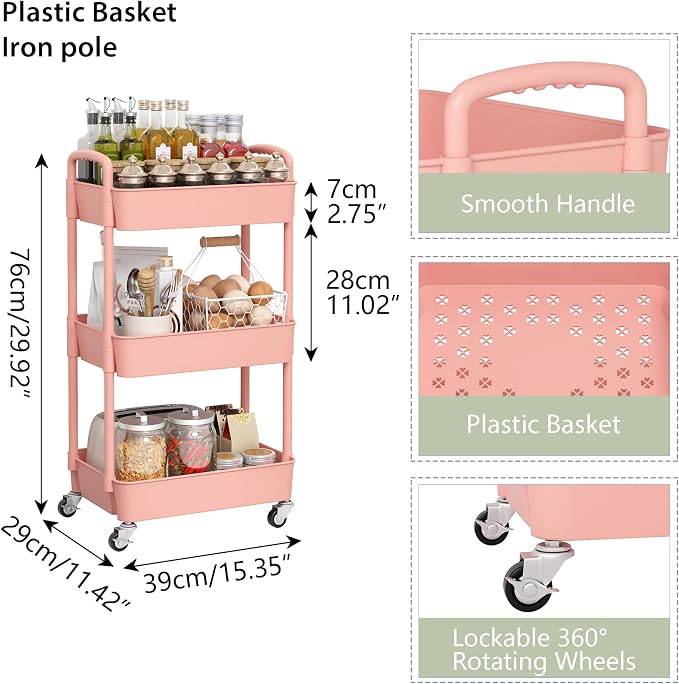 Sywhitta 3-Tier Plastic Rolling Utility Cart with Wheels for Storage, Pink | Multi-Functional Storage Trolley, for Office, Living Room, Kitchen, Bathroom,Movable Organizer,Space-Saving,Easy to assemble