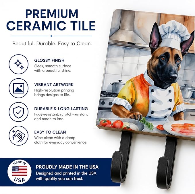 Caroline's Treasures Belgian Malinois The Chef Leash or Key Holder Wall Hooks, Key Hooks Holder, Coat Rack Wall Mount, Coat Hooks, Hooks for Hanging Keys, Towels, Aprons, Leashes | Belgian Malinois The Chef artwork on ceramic tile with three steel hook...