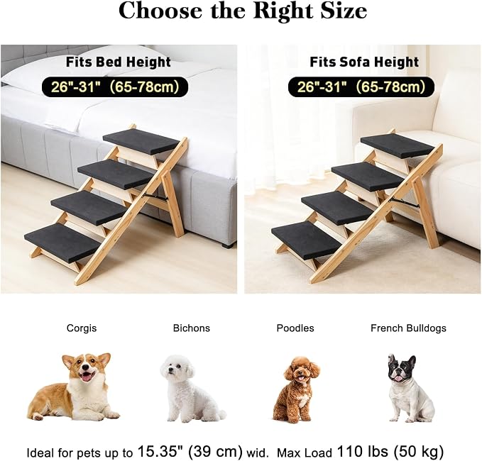 BRIKY 2-in-1 Dog Stairs/Ramp with 4 Steps | Foldable Dog Stairs for High Beds Cars Couch, Durable Wooden Pet Stairs for Small Medium Large Dogs, No Assembly Required