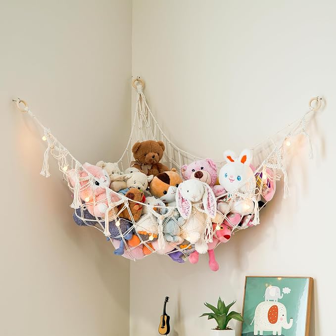 Macrame Stuffed Animal Hammock | Corner Stuffed Animal Storage & Boho Plushie Net | Toy Hammock for Stuffed Animals w/Lights | Hardware Included | White Bedroom Decor | by Lilly's Love