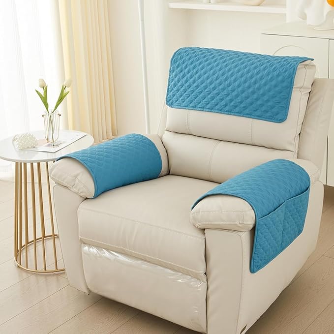 Recliner Arm Covers with Pockets & Headrest Protector- Non-Slip Quilted Stretch Armrest Covers, Washable Sofa Armchair Organizer for Couch, Pet Scratch Resistant(Light Blue)