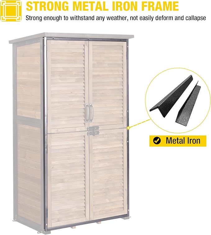 Aivituvin Outdoor Storage Shed with Adjustable Shelves and Floor, Garden Sheds with Iron Frame and Wooden Frame, Outdoor Tool Cabinets with Inclined Weatherproof Roof