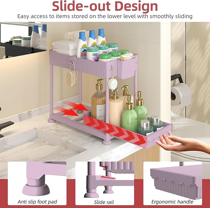 4-Pack 2-Tier Under Sink Organizer with Pull Out Drawers | Multi-use kitchen & bathroom storage. Includes hanging hooks and cups. Pink, space-saving cabinet design. 14.8 Inch