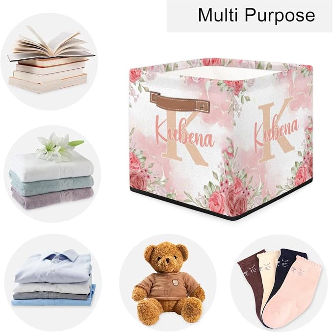 Personalized Initial-Name Pink Flower Storage Baskets for Girls Women, Custom Portable Square Storage Bins with Handles Foldable Organizer for Clothes, Toys, Blanket, Towel,Pet 13”