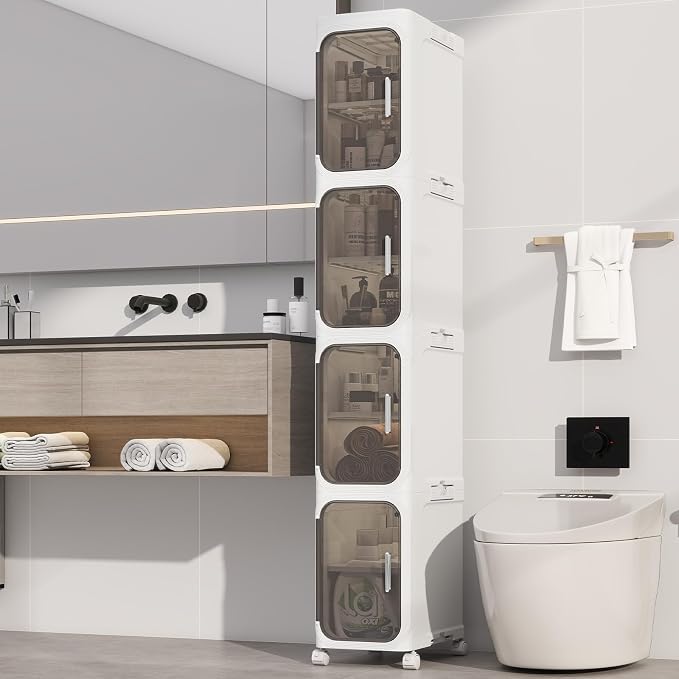 4 Tier Slim Bathroom Storage Cabinet, Foldable and Movable, White | Tools Free, ABS and PET, Magnetic Clear Door, Adjustable Shelves, Lockable Wheels, Water Resistant, For Narrow Space
