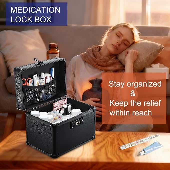 Lockable Security Storage Box - Shiny Black Safe Combination Lock Box, Cabinet Med Organizer, 10 x 7 x 7.9 Inches Safe Case for Documents, Valuables, Medicine & Money