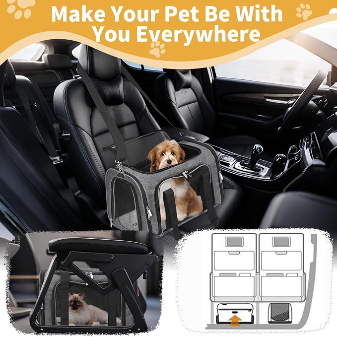 Soft-Sided Cat/Dog/Pet Carrier, Collapsible Pets Travel Carriers | for Big Cats/Small Dogs with Shoulder Strap & Removable Mat, Mesh Puppy Carry Bag,Up to 16 Lbs,TSA Airline Approved-Dark Grey