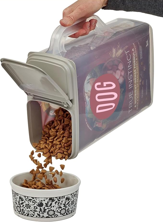 Buddeez Pet Food Storage Container - 8 Quart Capacity Dog / Cat Food & Bird Seed Container with Durable EZ Grip Handle, Flip Gray Lid (includes 1 Cup Clear Scoop) | Durable dry-food storage, For dog food, cat food or bird seed, Includes scoop, desk pet...