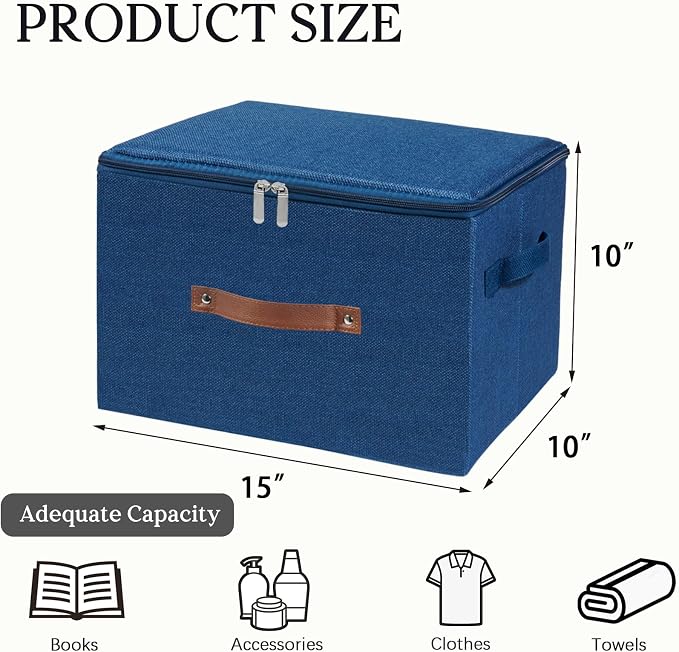 Storage Bins with Zipper Lid Decorative Lidded Box Fabric Baskets | Collapsible Shelf Closet Organizer Container, Cotton Linen Boxes, PU Leather Handle, Stackable Washable (Dark Blue, Large)