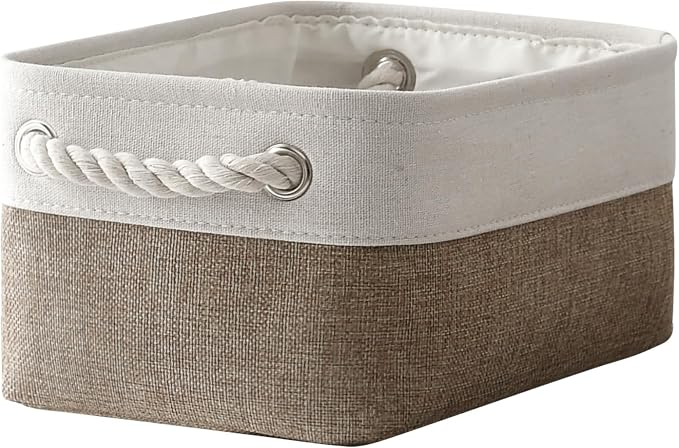 Storage Basket for Organizing - 1 Pack 12x8x5.2 inch Baskets for Gifts Empty with Handles, Fabric Storage Cubes for Organizer Closet Dog Gift Cloth Toy (Whiet & Khaki)