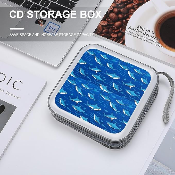 Sturdy DVD Case Blue Shark CD Holder Organizer Binder 40 Capacity | Disc Wallet Blue Shark Dustproof, Shockproof, Zipper Closure for Car Home Office