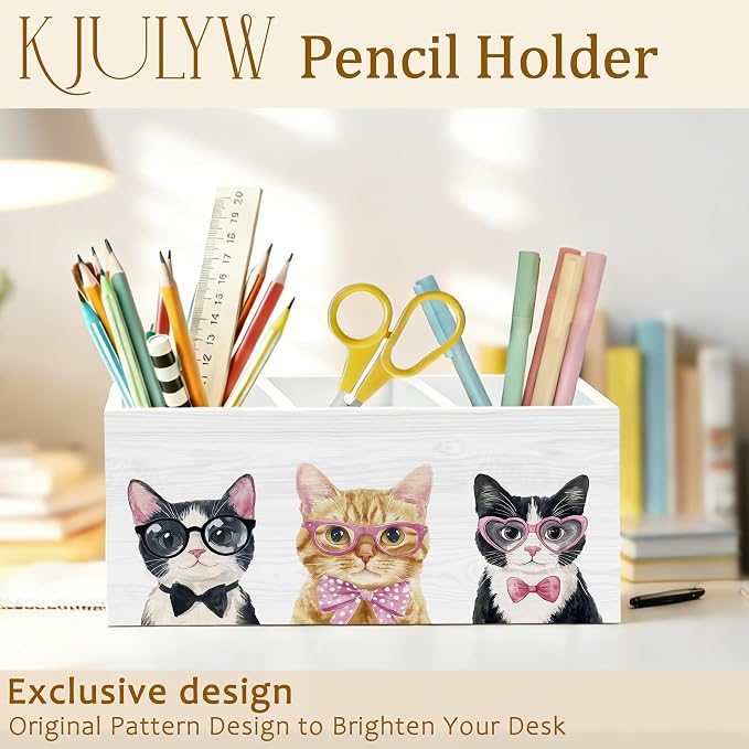 Cat Pen Holder for Desk, Cat Mom Lady Gifts, Coquette Bow Glasses Kitty Wooden Box Pencil Pen Holder Organizer for Kids Room Home Office Desk Accessories