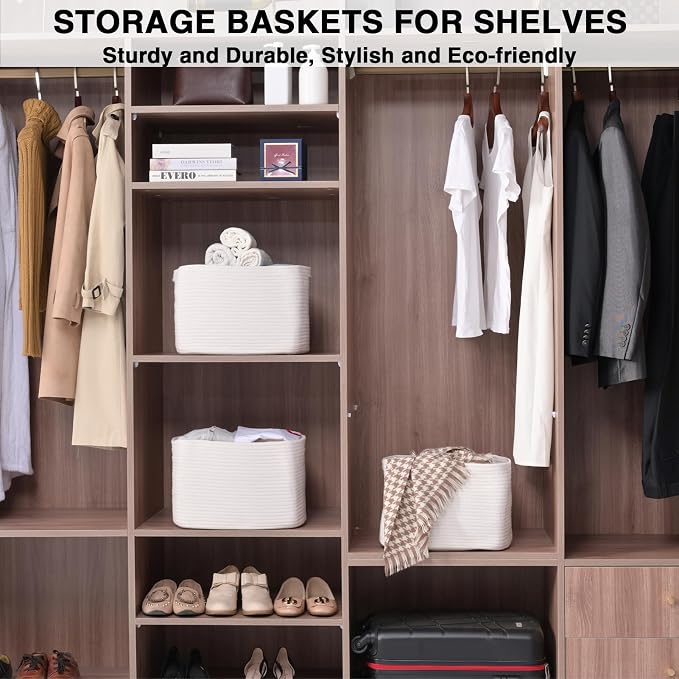 White Storage Baskets for Organizing Shelves, Woven Cotton Rope Basket for Storage, Basket for Toys Clothes Books Shoes, Organization Baskets, 14.8"×11"×9.5", Pack of 3, Off White