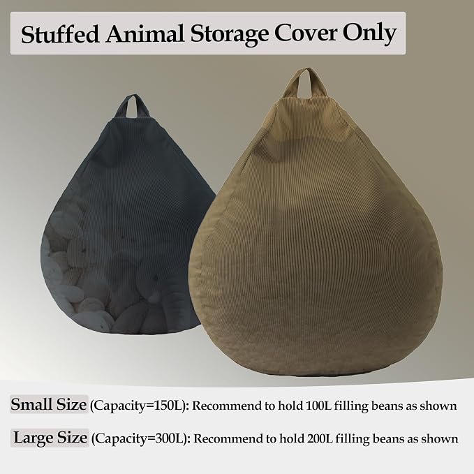 LPMOERA Stuffed Animal Storage Soft Bean Bag Chair Cover No Filler Taupe | Skin-Friendly,Portable,Wide Easy-Load Opening,Hidden Zipper,Decorative Organizer