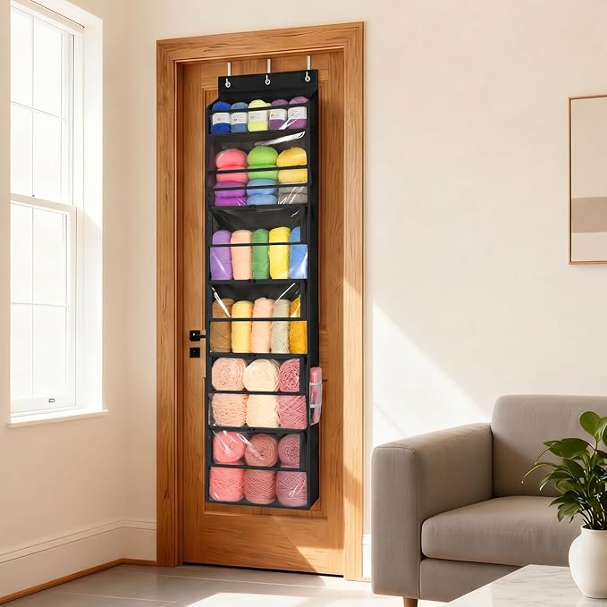 Yecaye Hanging Yarn Storage Organizer with 6 Zippered Closure Compartments, Heavy Duty Stuffed Animal Storage with Clear Full-Front PVC, Dustproof Yarn Holder for Crocheting Storage, Black 6 Tier