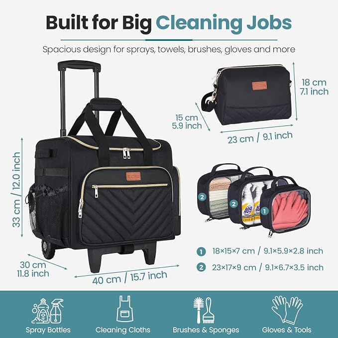 INSMEER Cleaning Caddy with Wheels,3 Removable Clear Bag and 1 Shoulder Bag | Large Cleaning Cart on Wheels,Water Resistant Cleaner Supplies Organizer with Wheels for Kitchen, Tool Organizer